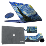 MSI Prestige 14 Flip AI+ portable touchscreen laptop with The Starry Night design, shown in a gift pack setup.