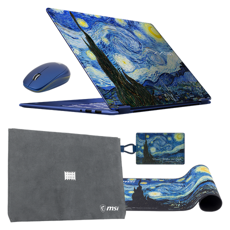 MSI Prestige 14 Flip AI+ portable touchscreen laptop with The Starry Night design, shown in a gift pack setup.