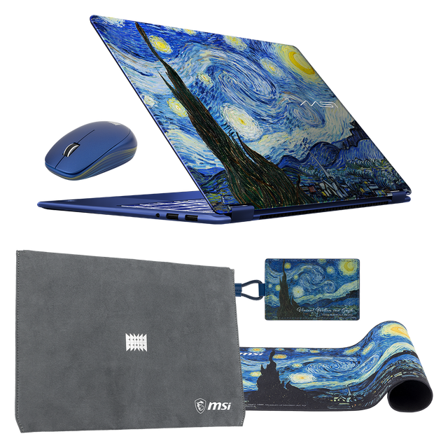 MSI Prestige 14 Flip AI+ portable touchscreen laptop with The Starry Night design, shown in a gift pack setup.