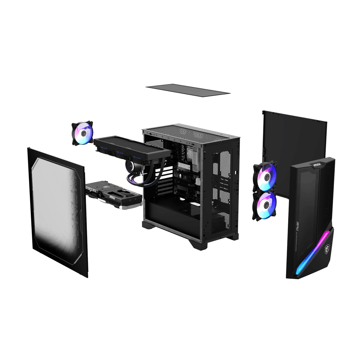 PC gaming MSI MPG Infinite X3 AI 2NVZ9-028EU en escritorio, con diseño moderno y componentes visibles en la imagen.