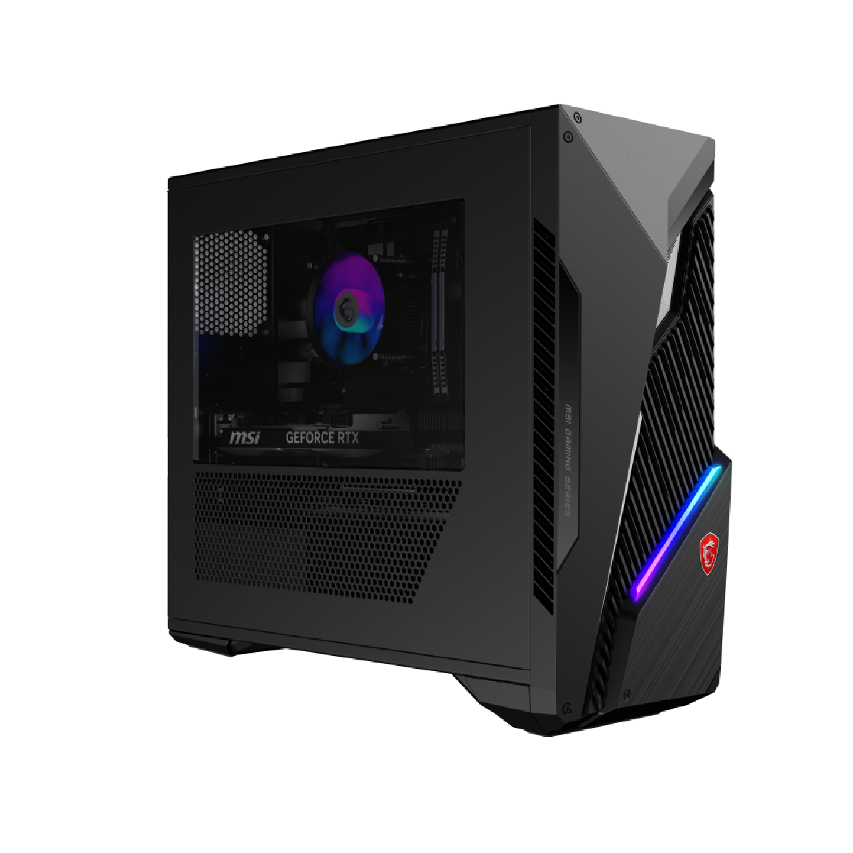 PC de sobremesa gaming MSI MAG Infinite S3 14NVM5-2873EU con diseño en negro y ventiladores RGB, ideal para juegos.