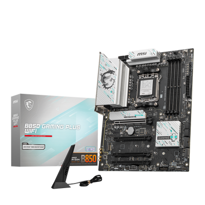 Placa base MSI B850 GAMING PLUS WIFI para AMD, con ranuras de memoria y conectores PCIe, en diseño negro con disipador.