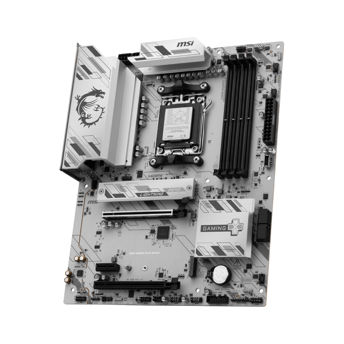 Placa base MSI B850 GAMING PLUS WIFI6E para AMD, con ranuras de memoria, puertos y conectividad WiFi 6E, vista frontal.