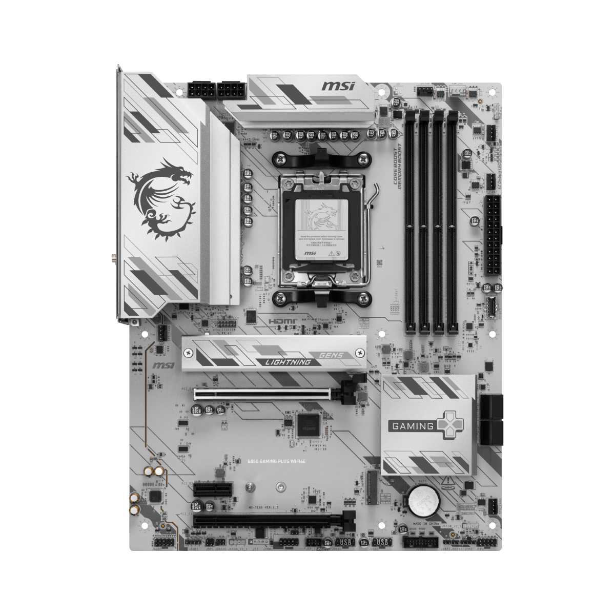 Placa base MSI B850 GAMING PLUS WIFI6E para AMD, vista de la tarjeta madre con puertos y conectores en una imagen de producto.