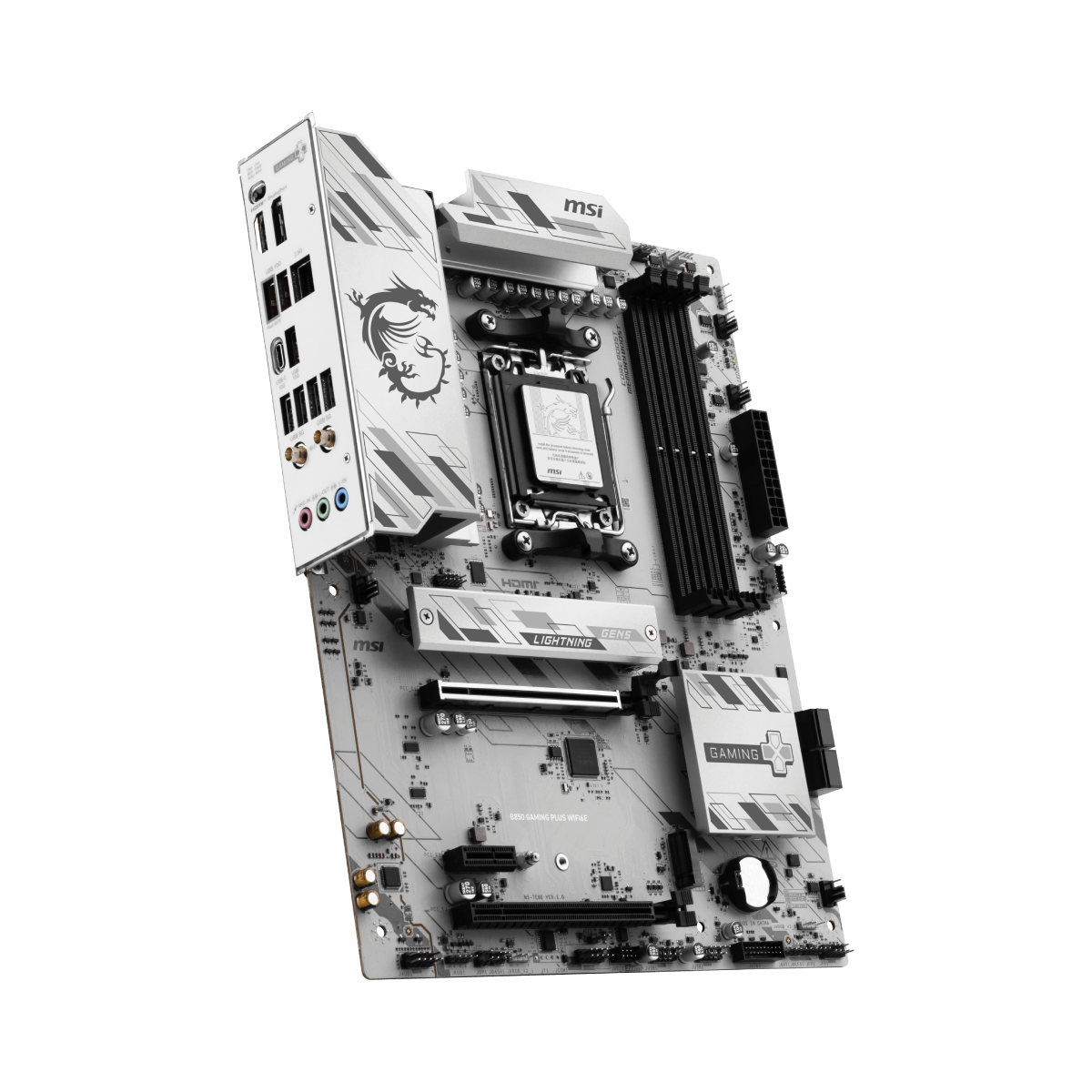 Placa base MSI B850 GAMING PLUS WIFI6E para AMD, con ranuras PCIe, puertos USB y conectividad WiFi 6E, vista frontal.