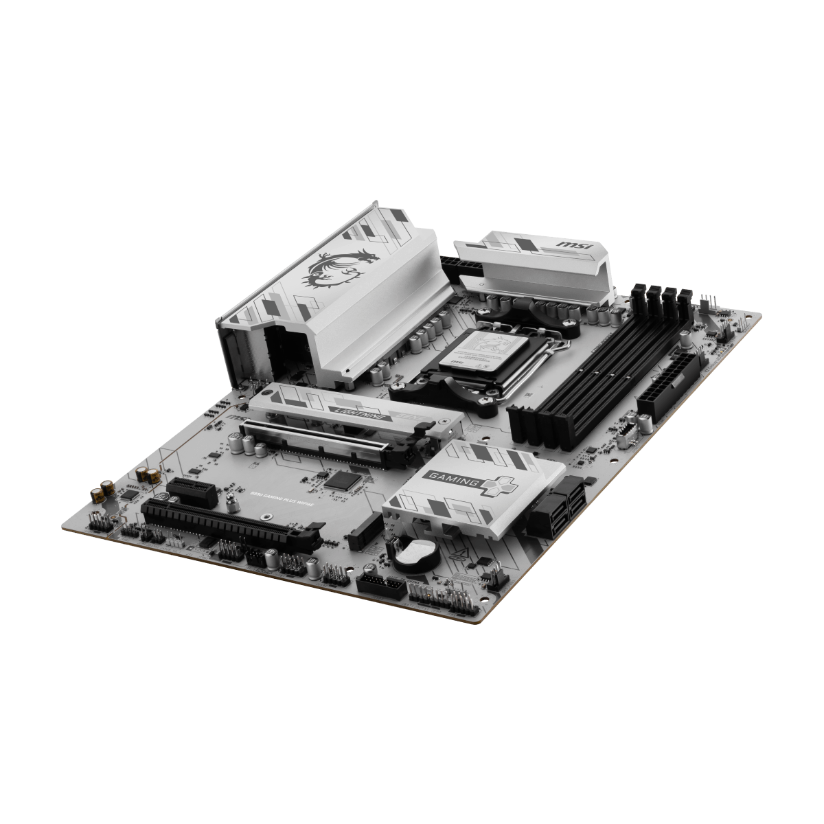 Placa base MSI B850 GAMING PLUS WIFI6E para AMD, vista lateral mostrando puertos y disipador, en color negro con detalles en gris