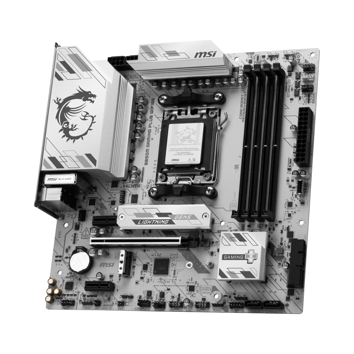 Placa base MSI B850M GAMING PLUS WIFI6E para AMD, con ranuras PCIe, conectores USB y componentes electrónicos visibles.