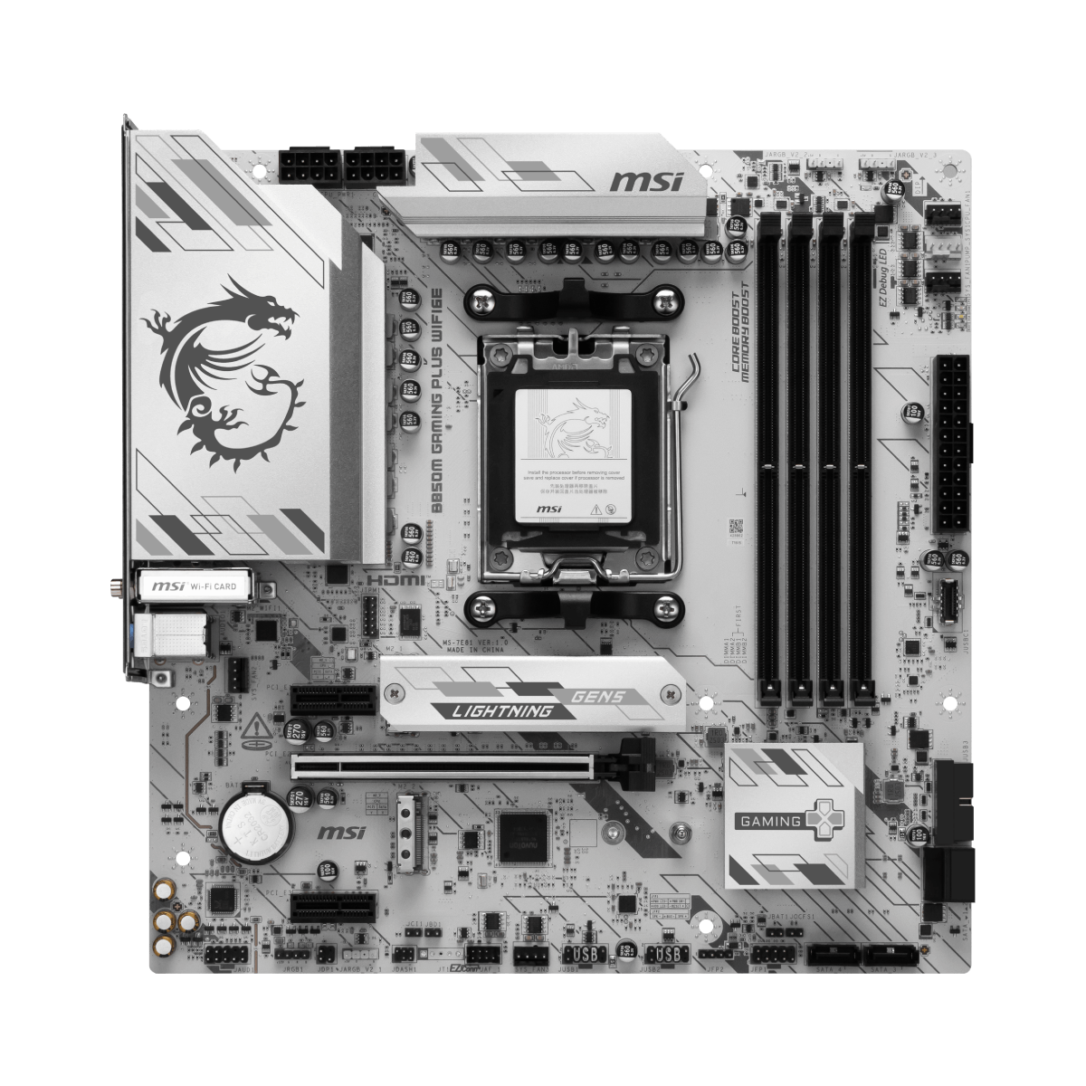 Placa base MSI B850M GAMING PLUS WIFI6E para AMD, con slots de memoria, conectores y disipador en la placa madre.