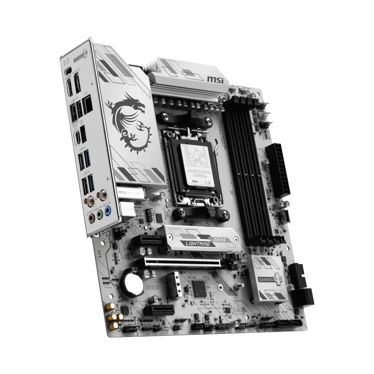 Placa base MSI B850M GAMING PLUS WIFI6E para AMD, con ranuras para memoria RAM, puertos USB y conectividad WiFi 6E.