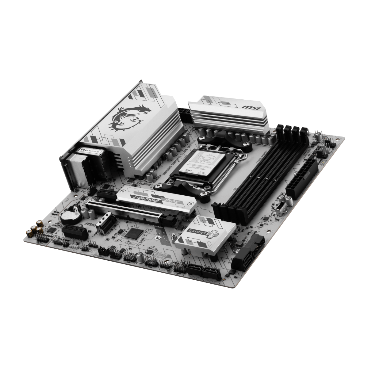 Placa base MSI B850M GAMING PLUS WIFI6E para AMD, con ranuras de memoria, conectores PCIe y puerto WiFi 6E visible.