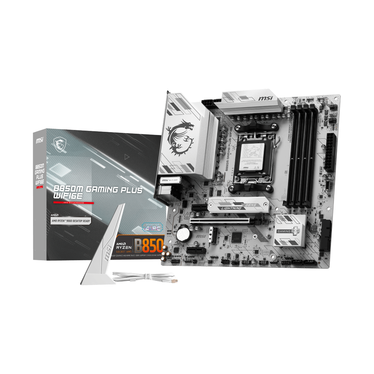 Placa base MSI B850M GAMING PLUS WIFI6E para AMD, con ranuras de expansión y conectividad WiFi 6E, vista en primer plano.