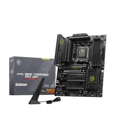 Placa base MSI MAG B850 TOMAHAWK MAX WIFI para AMD, con ranuras de memoria y conectores de red y audio visibles.