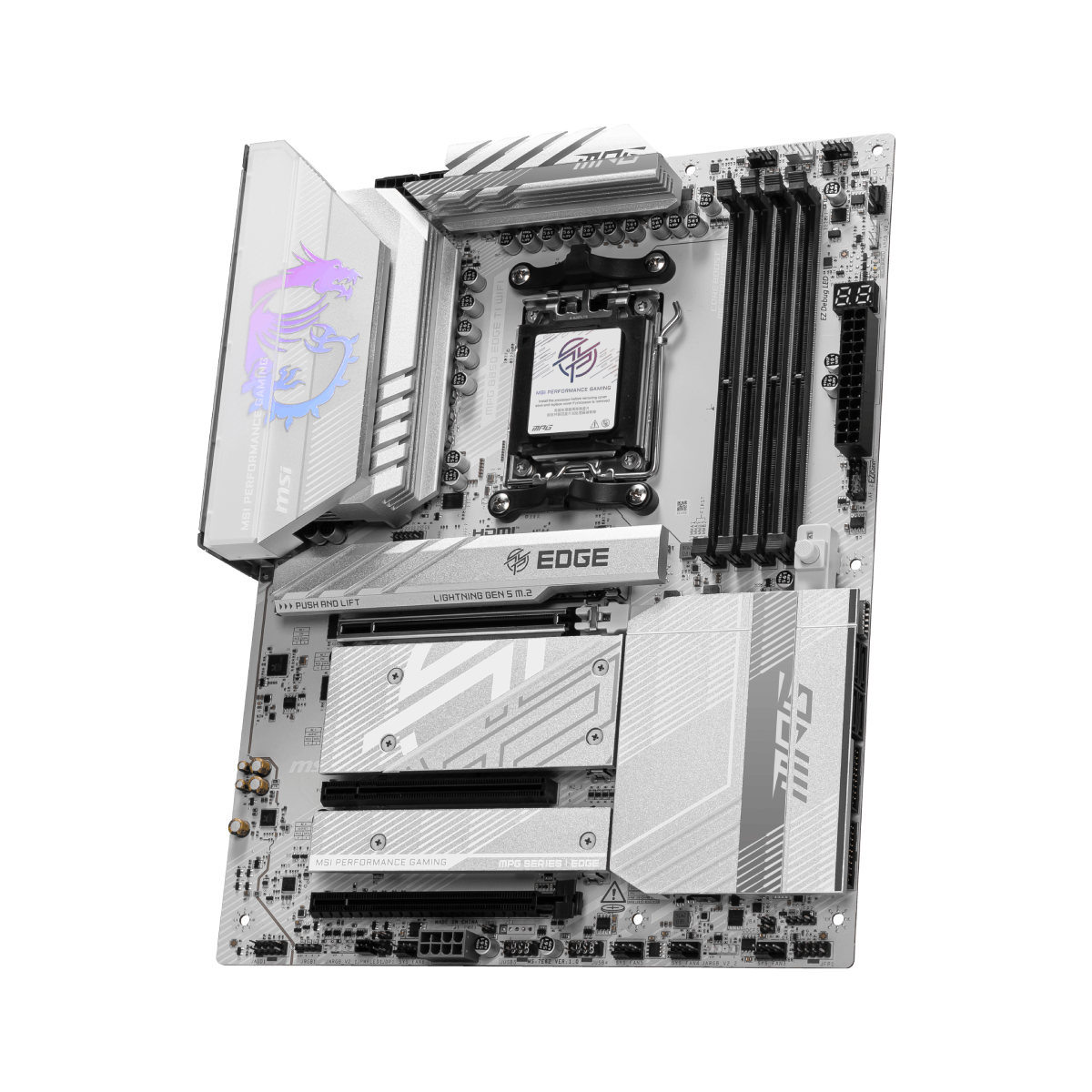 MSI MPG B850 EDGE TI WIFI motherboard with AMD socket, Wi-Fi connectivity, and multiple PCIe slots for gaming and high-performance builds.