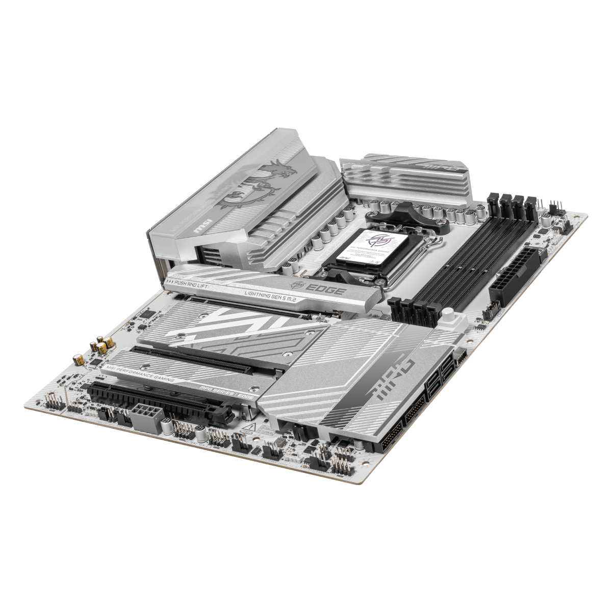 MSI MPG B850 EDGE TI WIFI motherboard with AMD socket and Wi-Fi module, featuring multiple RAM slots and PCIe slots for high-performance builds.