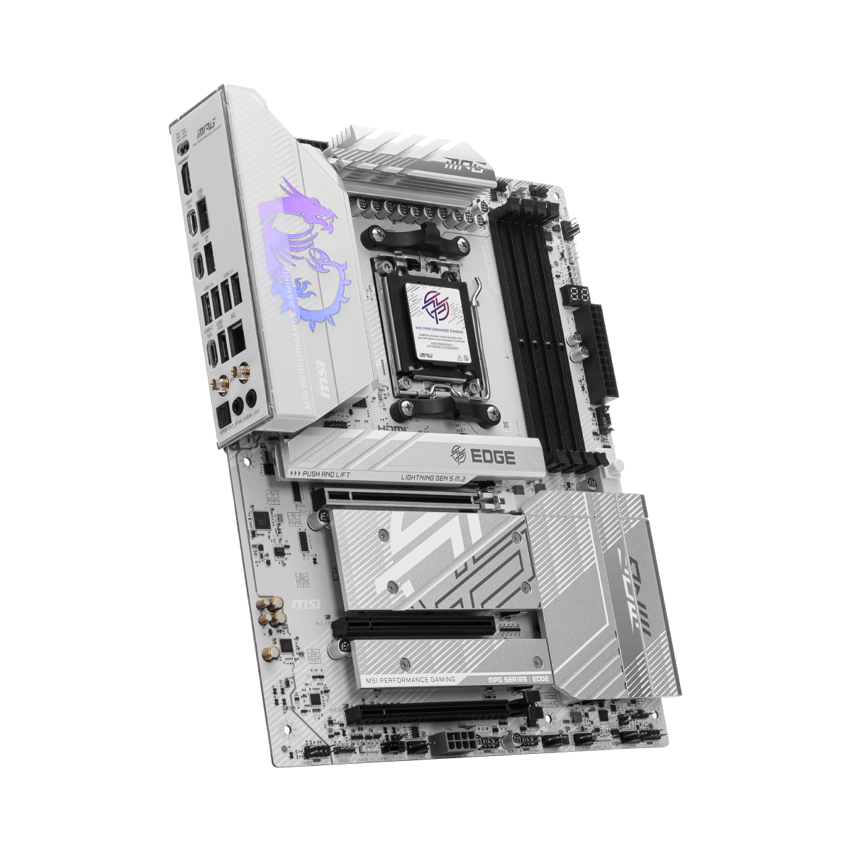 MSI MPG B850 EDGE TI WIFI motherboard with AMD socket, multiple PCIe slots, and Wi-Fi antenna for high-performance PC builds