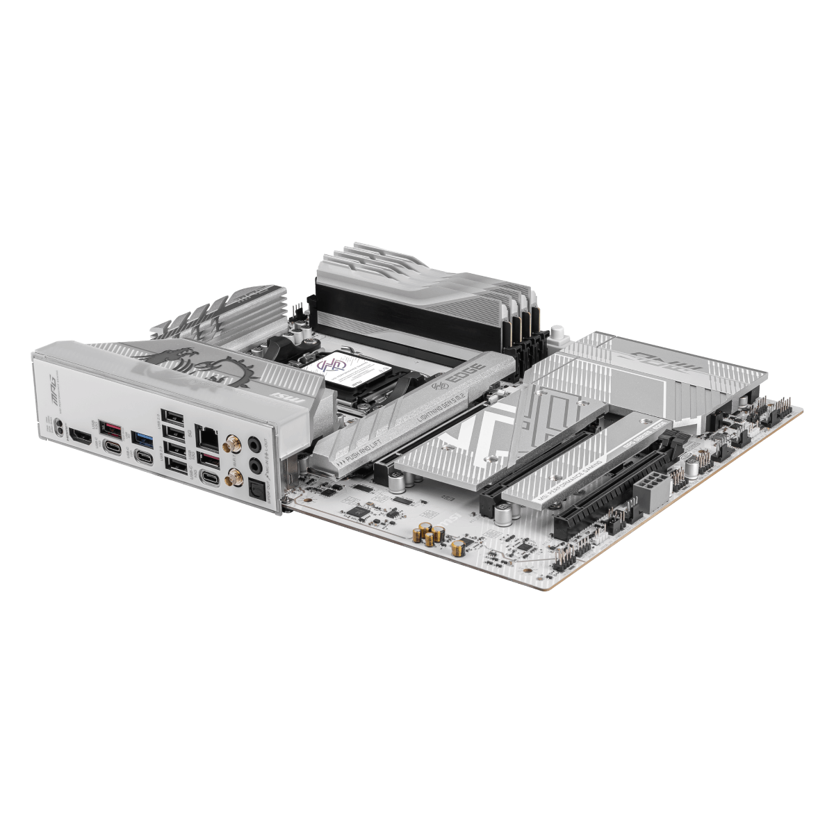MSI MPG B850 EDGE TI WIFI motherboard with AMD socket, DDR5 slots, and Wi-Fi 6 connectivity, designed for gaming and high-performance PCs.