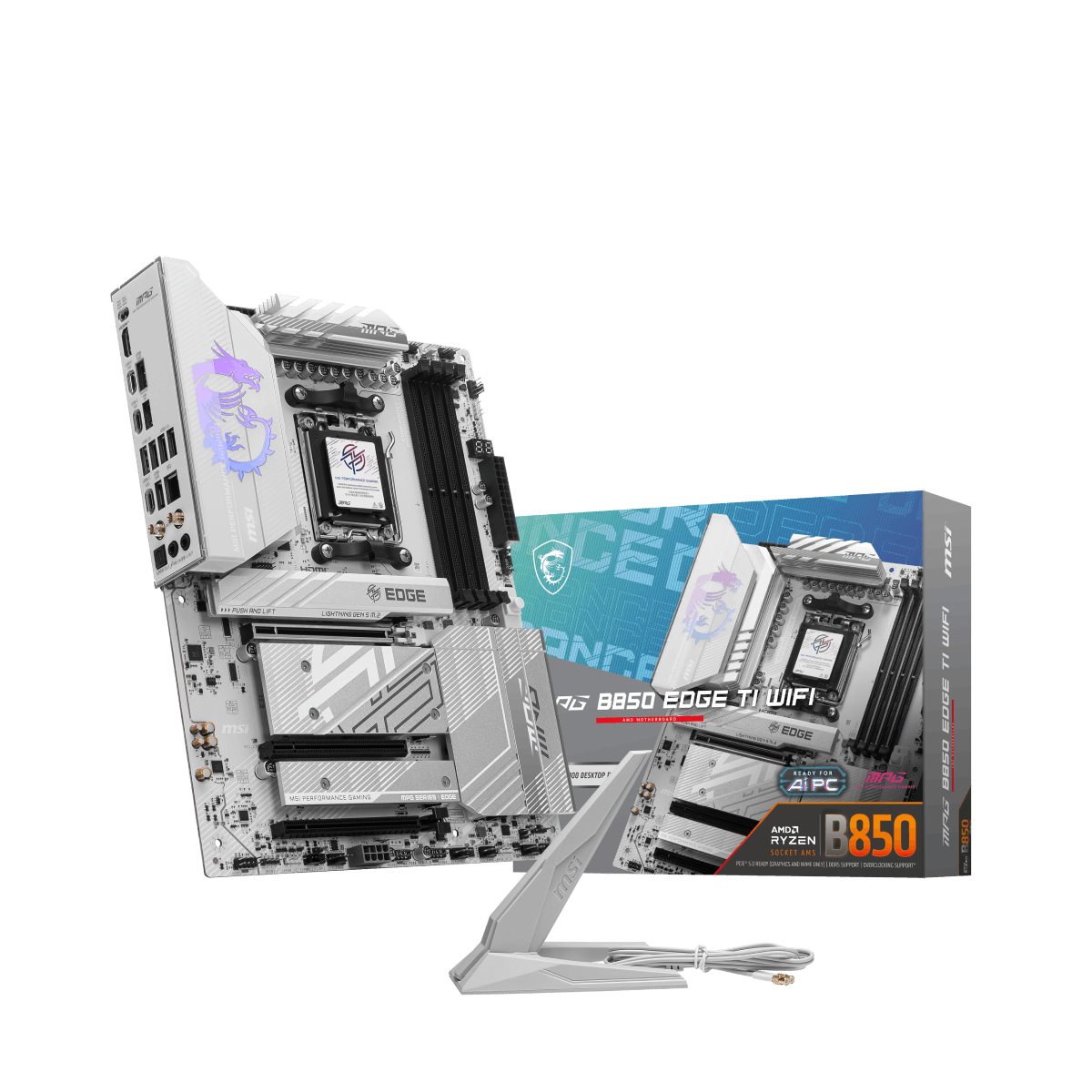 MSI MPG B850 EDGE TI WIFI motherboard for AMD with Wi-Fi, DDR5 slots, and robust connectivity features.
