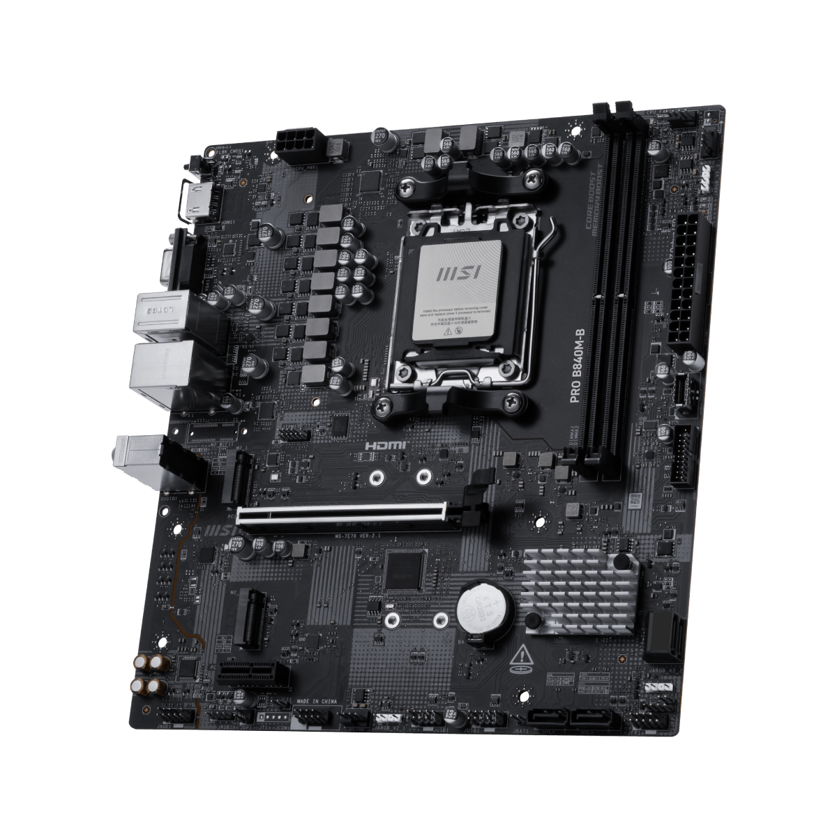 MSI PRO B840M-B motherboard with AMD socket, featuring multiple RAM slots and expansion ports, designed for high-performance builds.