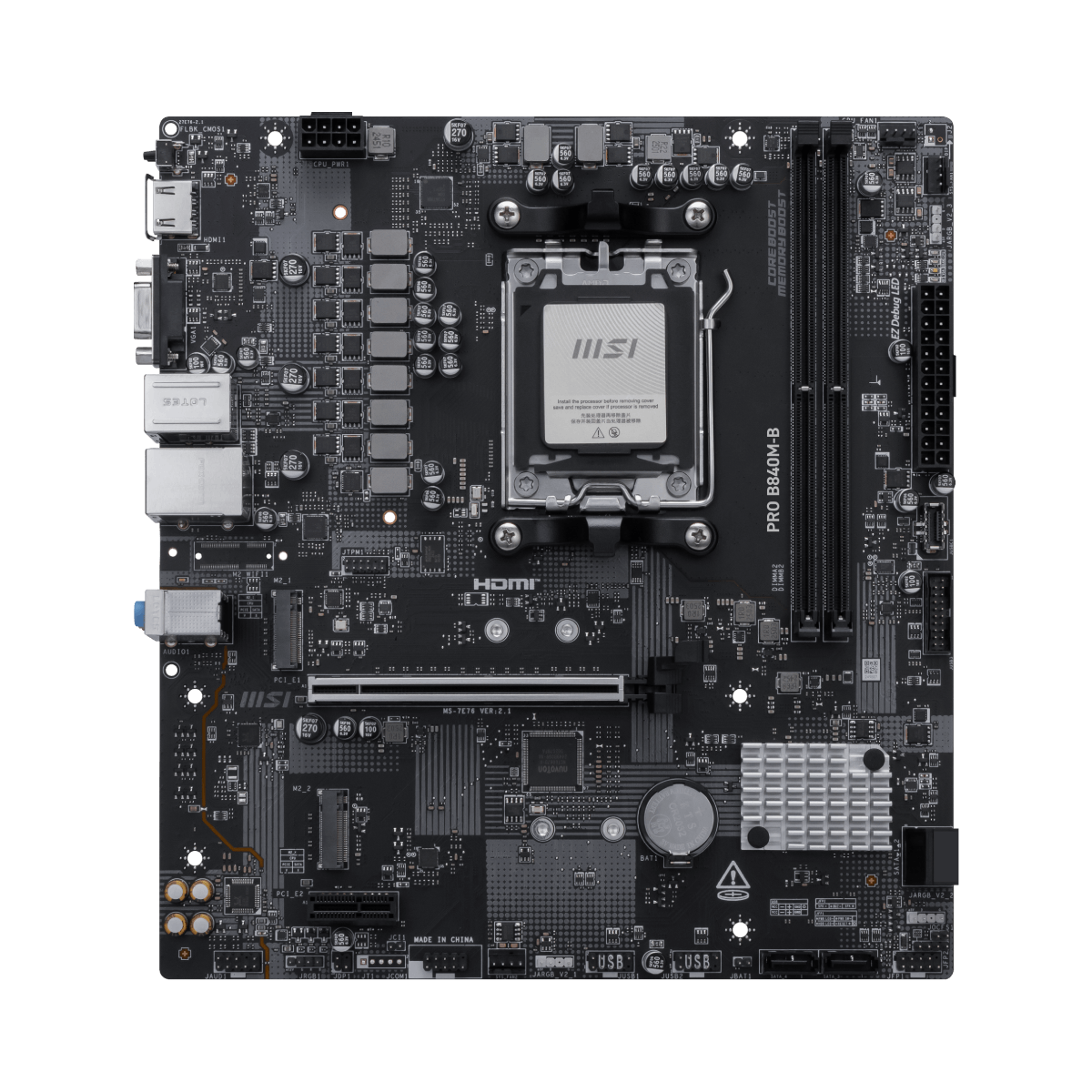 MSI PRO B840M-B motherboard with AMD socket, featuring multiple RAM slots, PCIe slots, and I/O ports for desktop PCs.