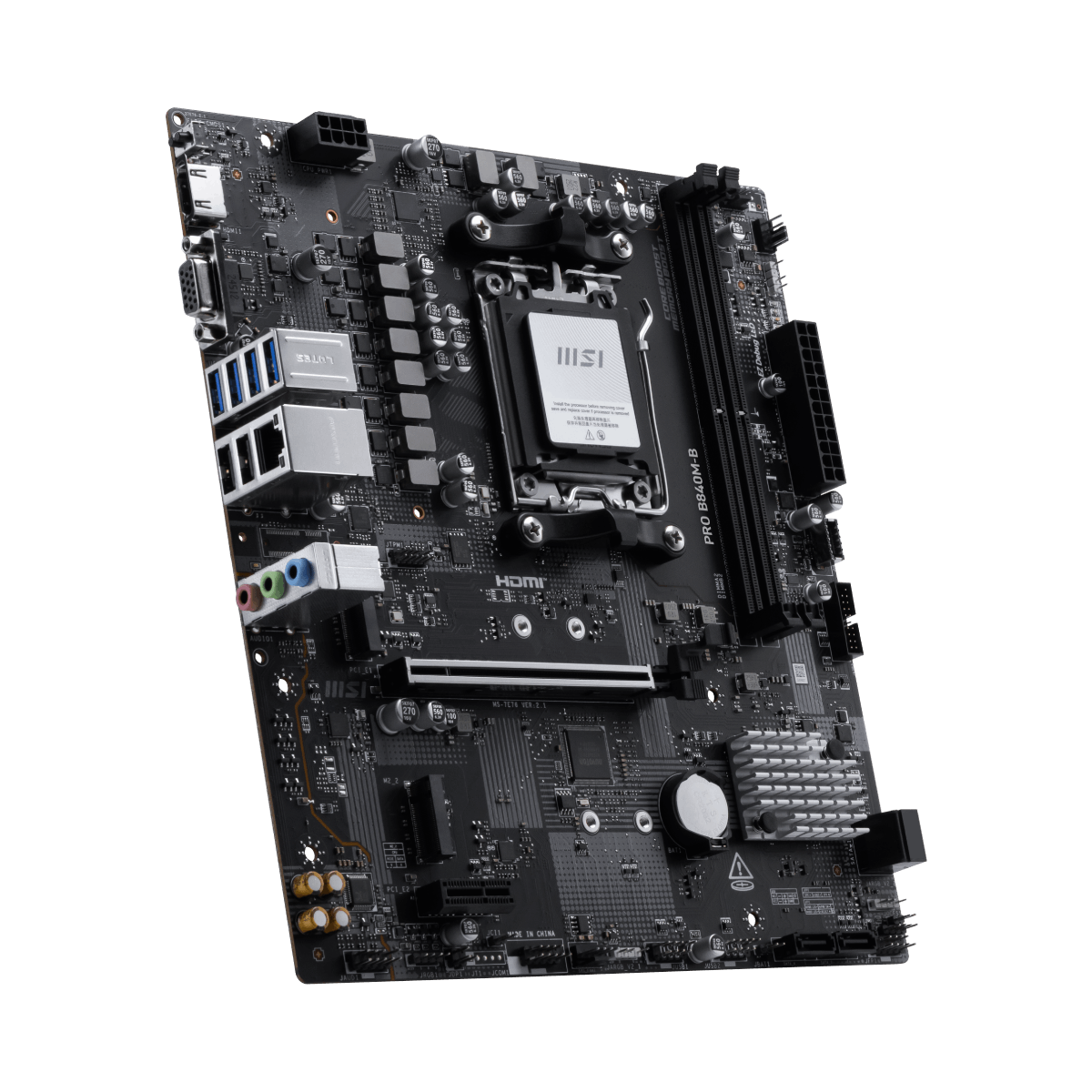 MSI PRO B840M-B motherboard with AMD socket, featuring multiple RAM slots and PCIe slots for desktop computer builds.
