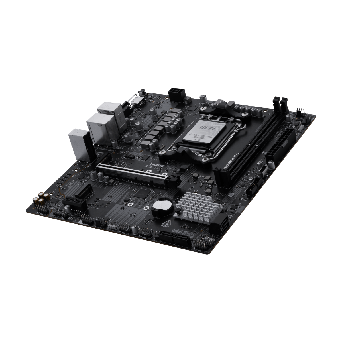 MSI PRO B840M-B motherboard with AMD socket, featuring multiple RAM slots, PCIe slots, and I/O ports for desktop computer build.