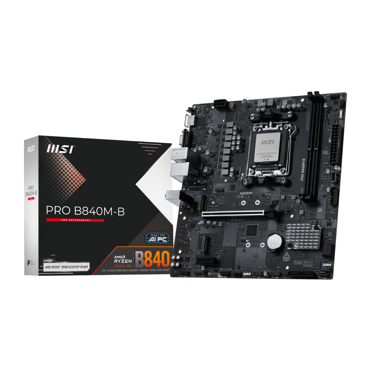 MSI PRO B840M-B motherboard with AMD socket, featuring multiple RAM slots and PCIe slots, designed for desktop computer builds.