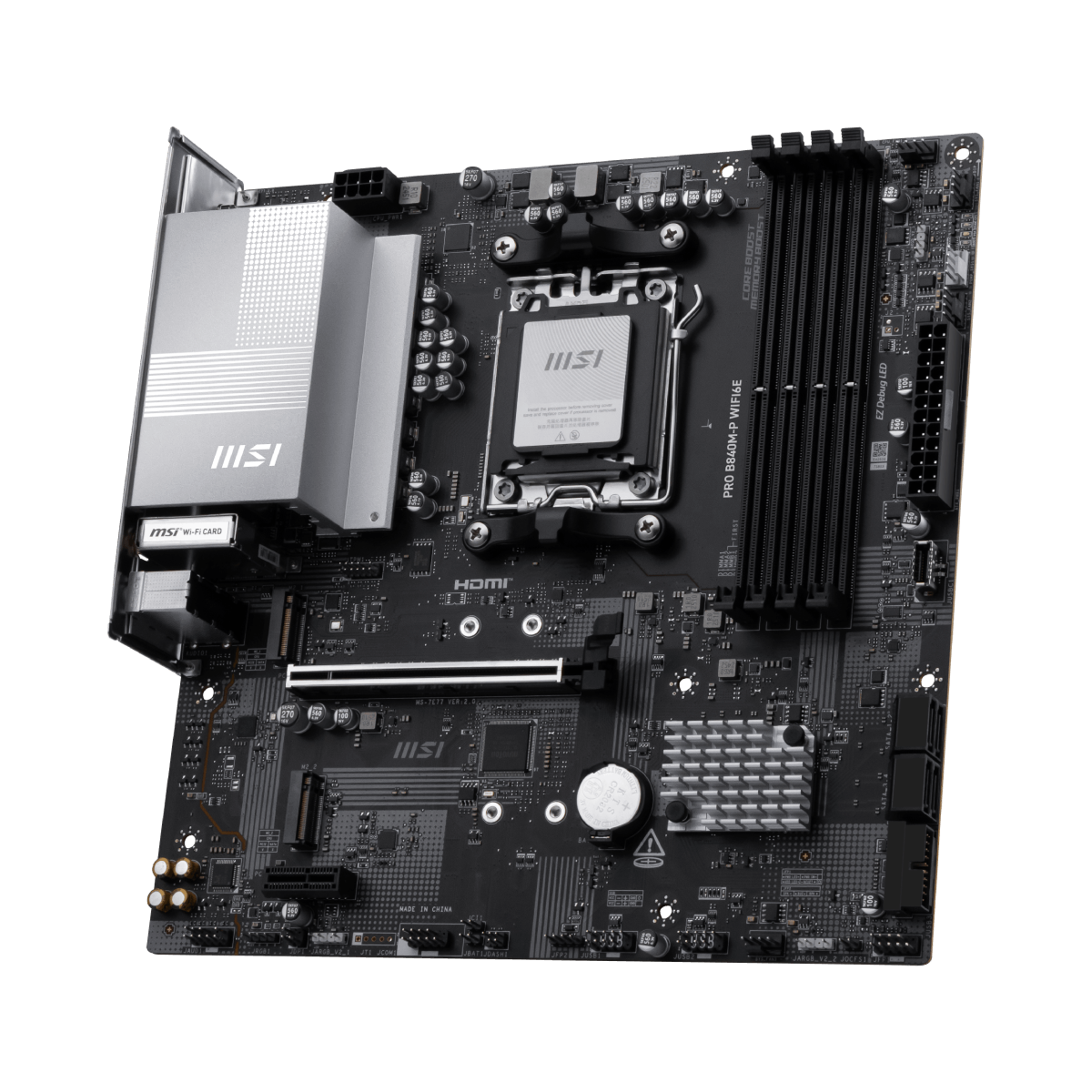 MSI PRO B840M-P WIFI6E motherboard showing the black circuit board with RAM slots and connection ports.