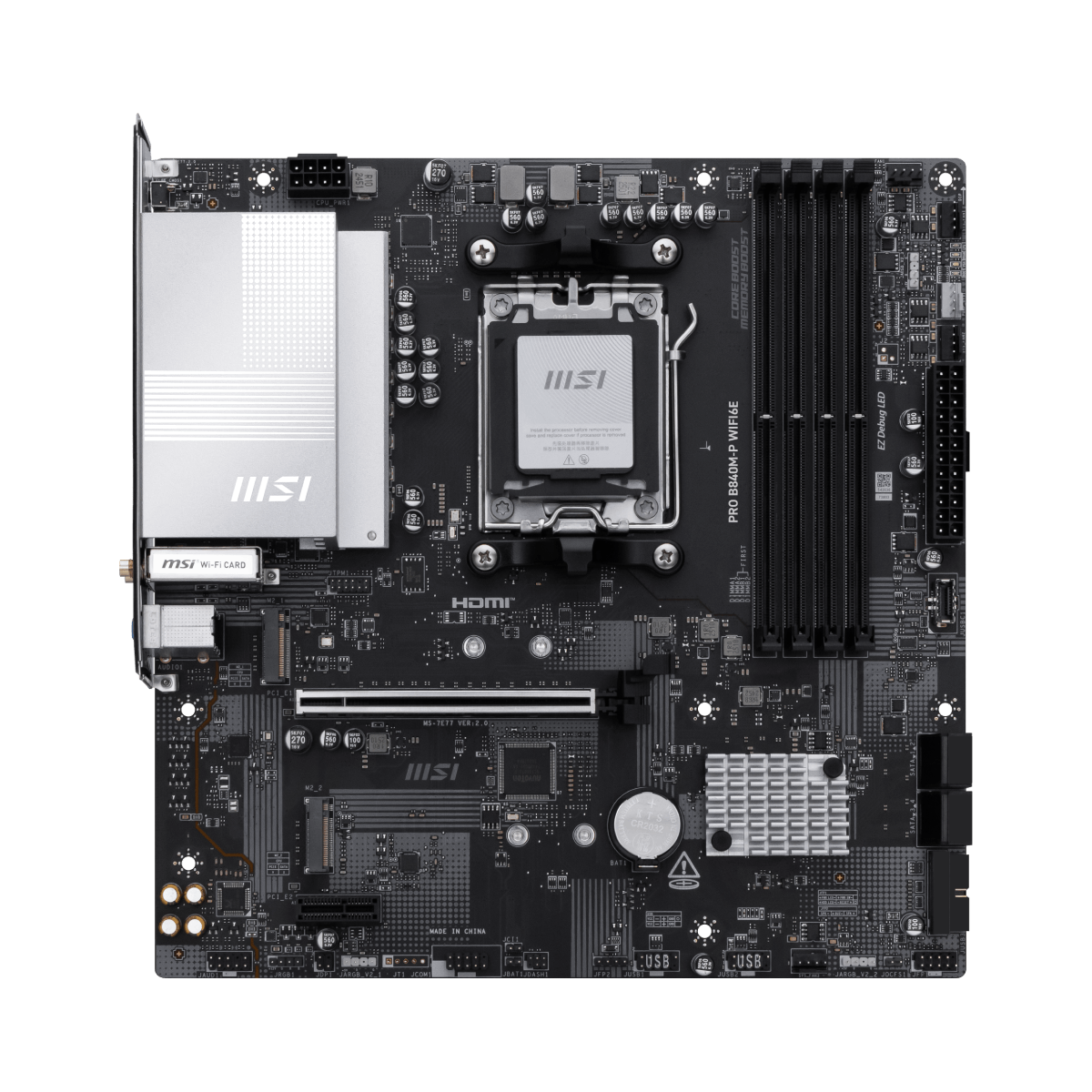 MSI PRO B840M-P WIFI6E motherboard with AMD socket, multiple RAM slots, and WiFi 6E antenna ports.