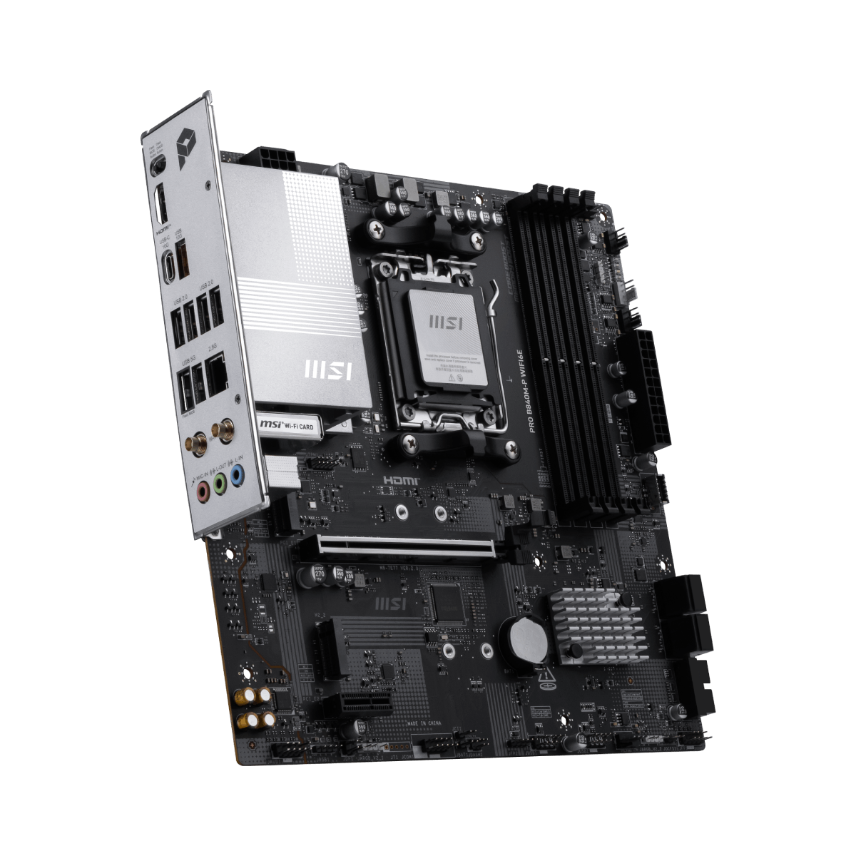 MSI PRO B840M-P WIFI6E motherboard with AMD socket, multiple RAM slots, and WiFi 6E support, shown in the image.