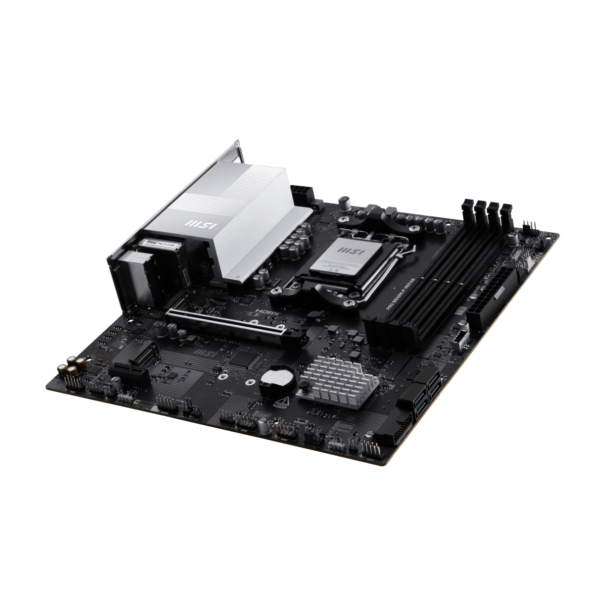 MSI PRO B840M-P WIFI6E motherboard with AMD socket, multiple RAM slots, and integrated Wi-Fi 6E connectivity.