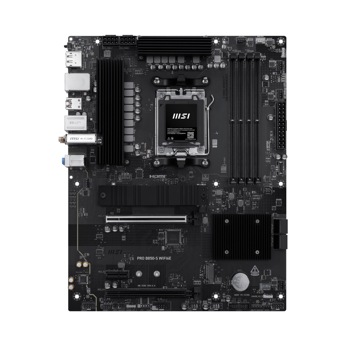 Placa base MSI PRO B850-S WIFI6E para AMD, vista frontal con ranuras PCIe, conectores y disipador de calor.