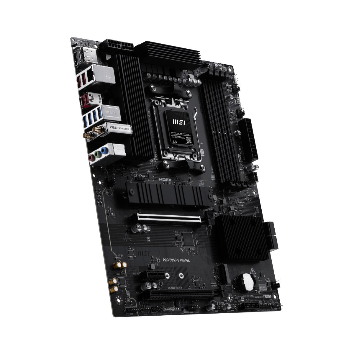 Placa base MSI PRO B850-S WIFI6E para AMD, vista frontal mostrando zócalo CPU, ranuras RAM y conectores en la placa.