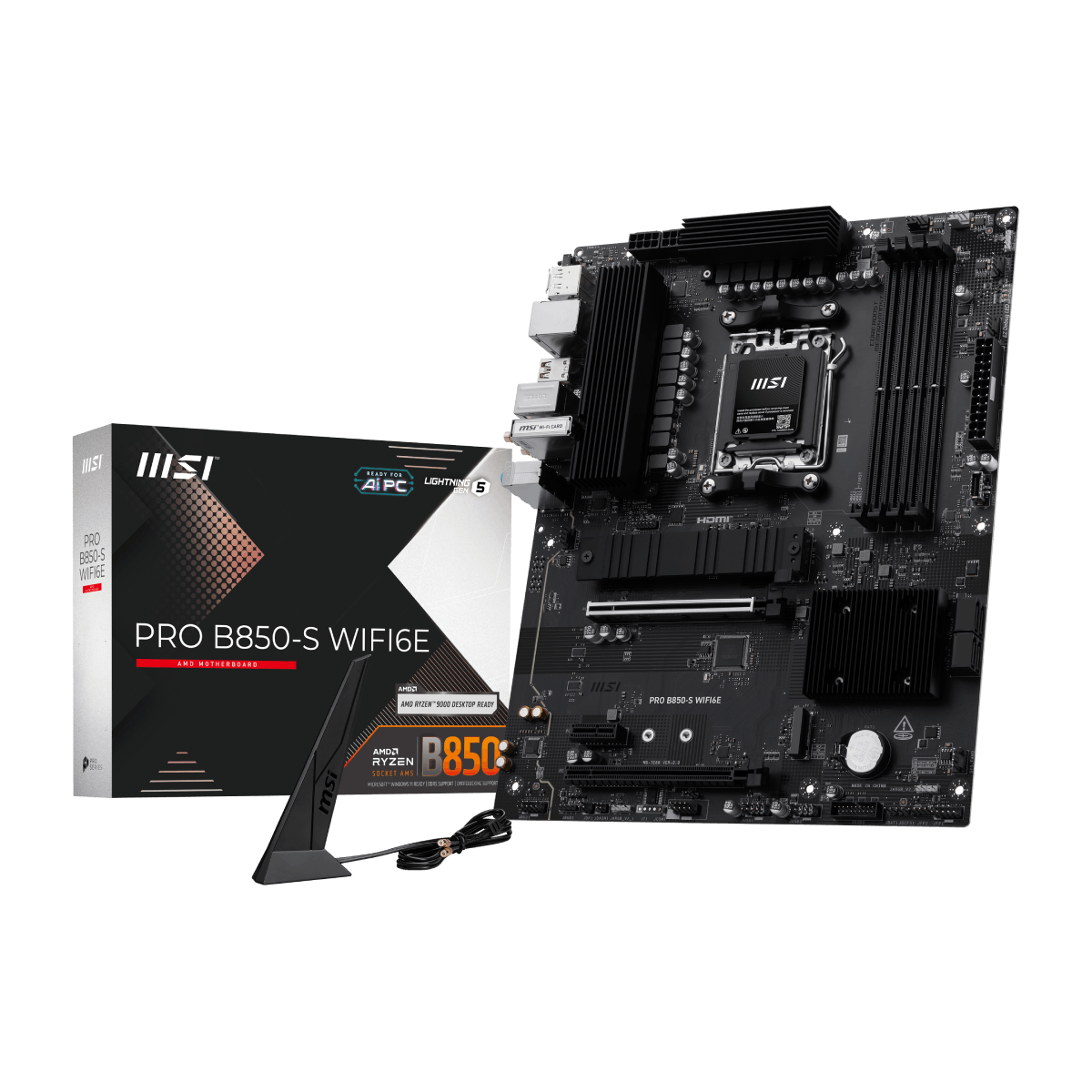 Placa base MSI PRO B850-S WIFI6E para AMD, con conectividad WiFi 6E y ranuras para memoria RAM y tarjetas de expansión.