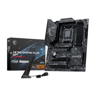 Placa base MSI X870E GAMING PLUS WIFI para AMD, con ranuras y conectores visibles, ideal para gaming y rendimiento.