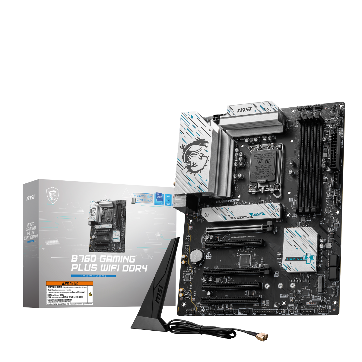 MSI B760 GAMING PLUS WIFI DDR4 motherboard with slots, ports, and heatsinks for gaming and high-performance PC builds.