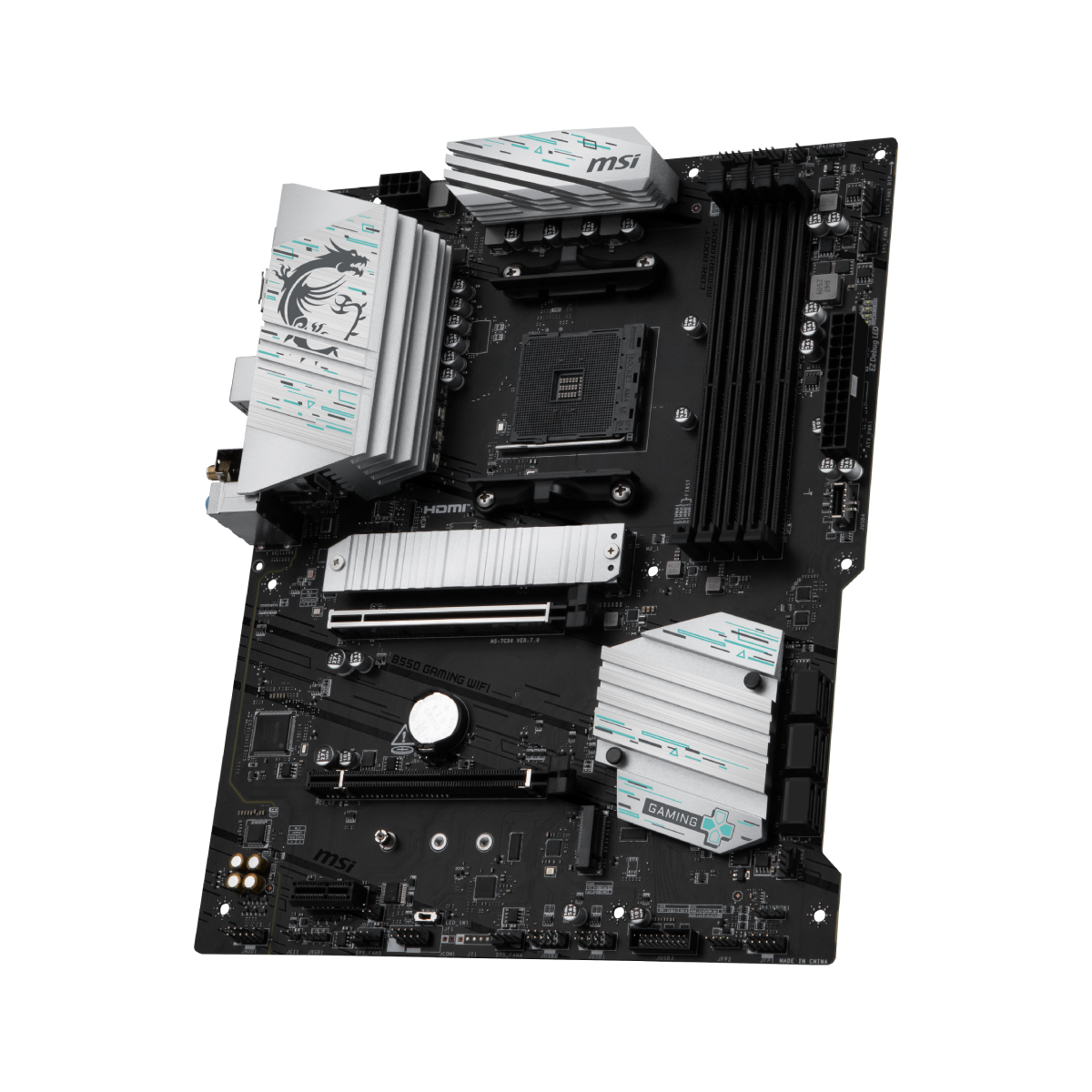 Placa base MSI B550 GAMING WIFI para gaming y rendimiento, con ranuras y conectores visibles en la imagen.
