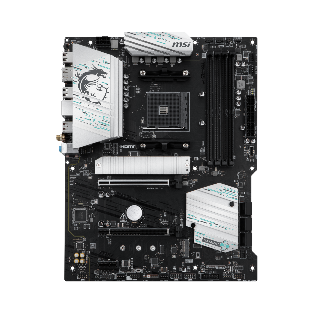 Placa base MSI B550 GAMING WIFI, tarjeta madre para gaming con conectividad WiFi y componentes en la imagen.
