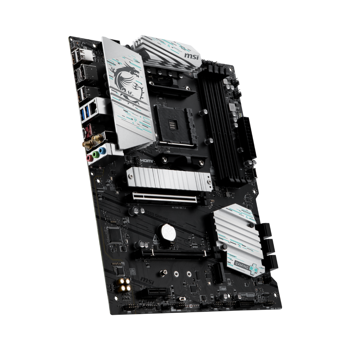 Placa base MSI B550 GAMING WIFI de MSI España, vista de la tarjeta madre con ranuras y conectores para componentes de PC.