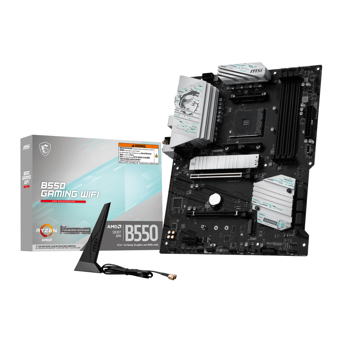 Placa base MSI B550 GAMING WIFI para PC con ranuras de memoria, conectores y disipador, diseñada para gaming y rendimiento.