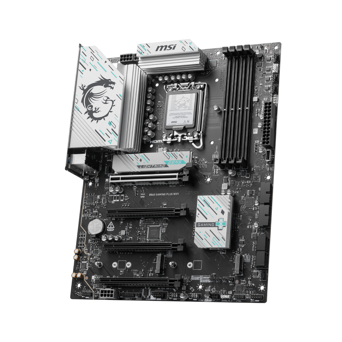 Placa base MSI B860 GAMING PLUS WIFI para gaming y rendimiento, con conectividad Wi-Fi y componentes de alta calidad.