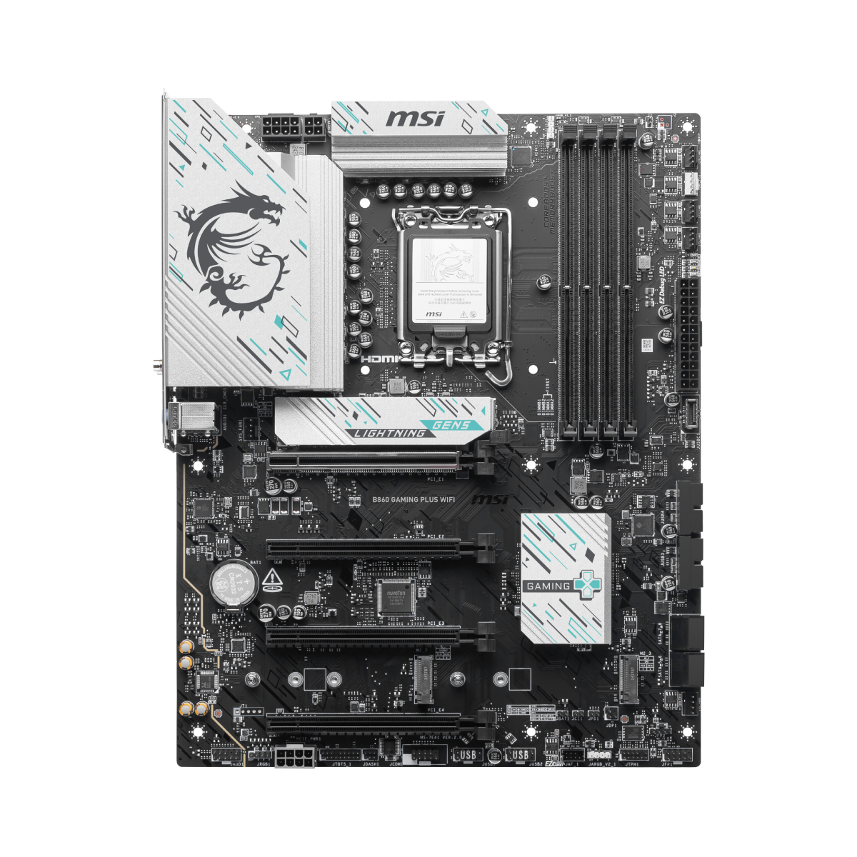 Placa base MSI B860 GAMING PLUS WIFI para gaming con conectividad Wi-Fi y soporte para procesadores Intel, vista frontal.