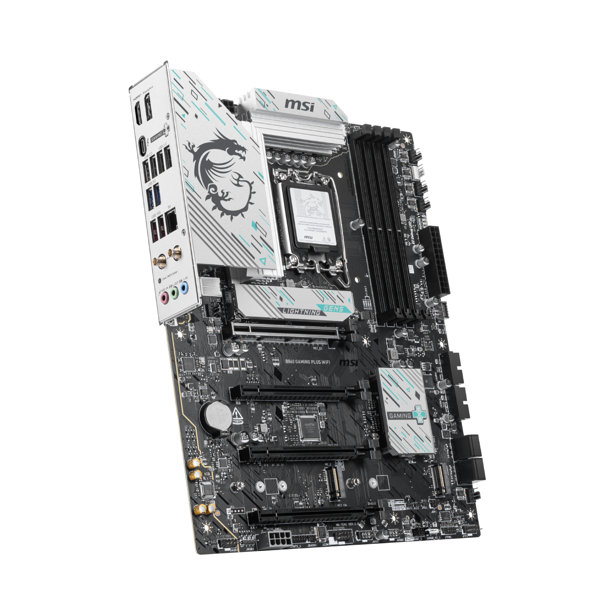 Placa base MSI B860 GAMING PLUS WIFI para gaming y rendimiento, con ranuras y conectores visibles en la imagen.