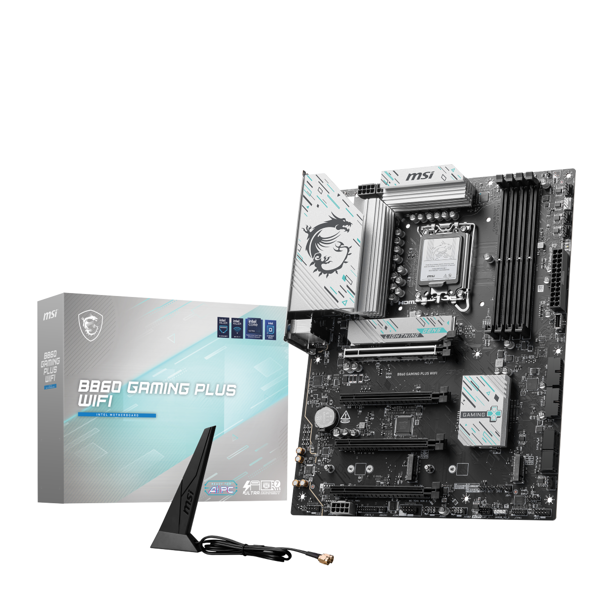 Placa base MSI B860 GAMING PLUS WIFI para gaming y rendimiento, con puertos y conectividad Wi-Fi, en color negro y componentes visibles.