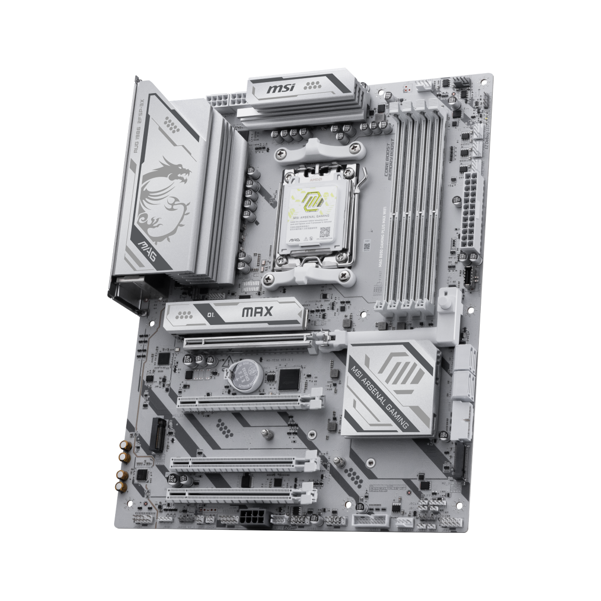 Placa base MSI MAG B850 GAMING PLUS MAX WIFI para gaming, con puertos y componentes visibles en la imagen.