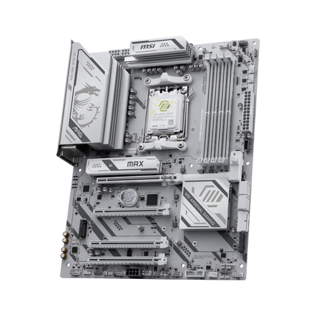 Placa base MSI MAG B850 GAMING PLUS MAX WIFI para gaming, con puertos y componentes visibles en la imagen.