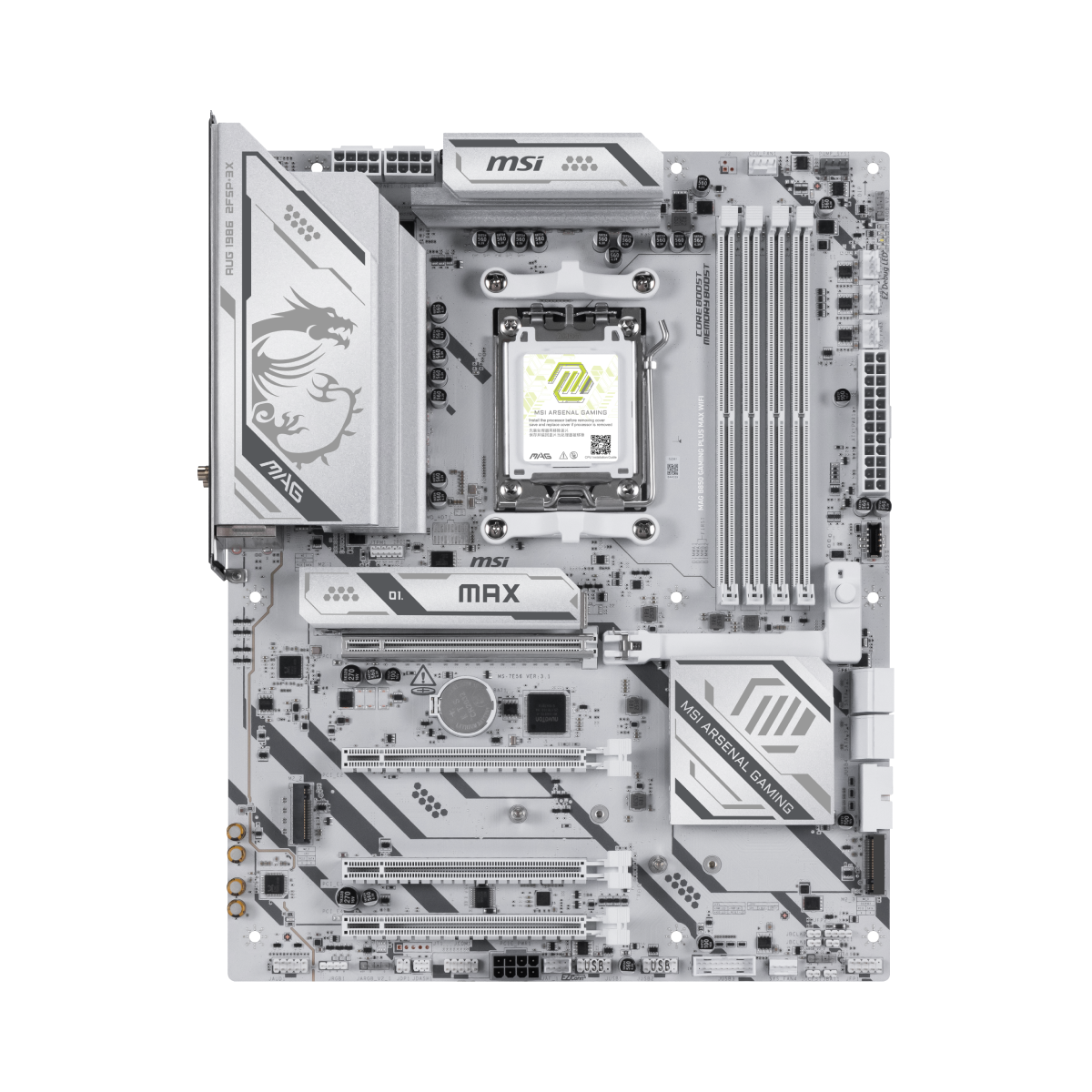 Placa base MSI MAG B850 GAMING PLUS MAX WIFI para gaming, con conectividad WiFi y componentes visibles en la imagen.
