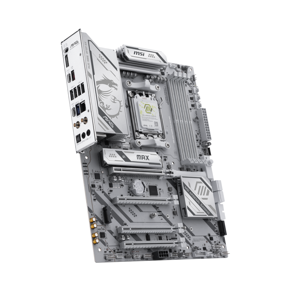 Placa base MSI MAG B850 GAMING PLUS MAX WIFI para gaming, con puertos y conectores visibles en la imagen.