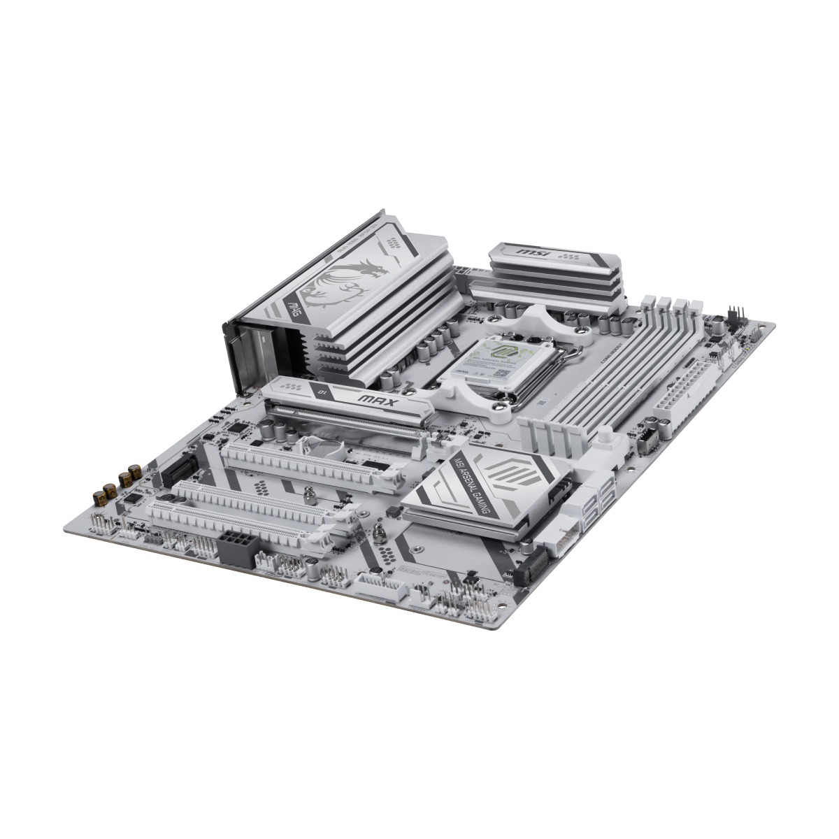 Placa base MSI MAG B850 GAMING PLUS MAX WIFI para gaming, con ranuras de memoria, puertos USB y conectividad Wi-Fi.