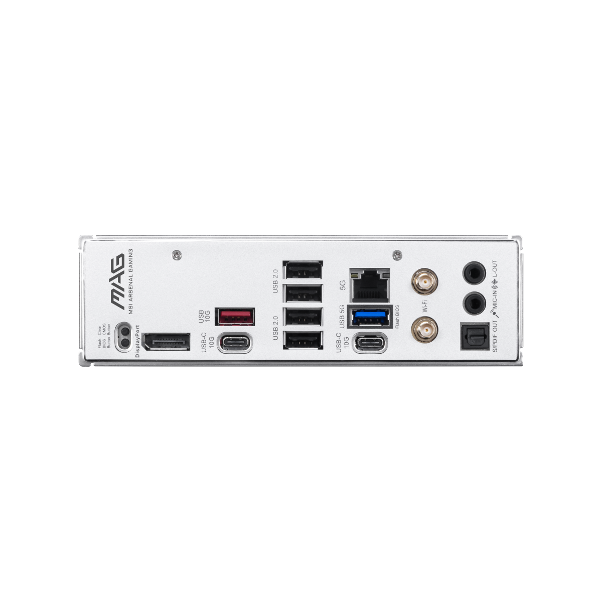 Placa base MSI MAG B850 GAMING PLUS MAX WIFI, vista frontal con puertos y disipadores en color negro y gris.