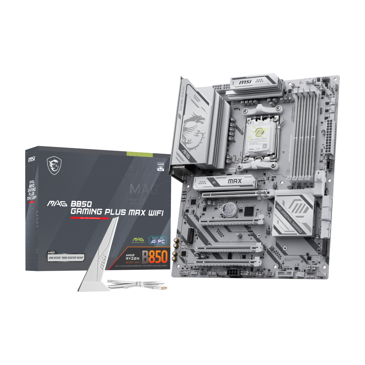 Placa base MSI MAG B850 GAMING PLUS MAX WIFI para gaming, con ranuras de memoria, conectores y componentes visibles.